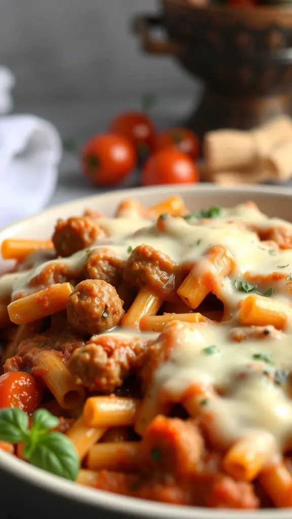 A bowl of baked ziti with Italian sausage, topped with melted cheese and garnished with basil.