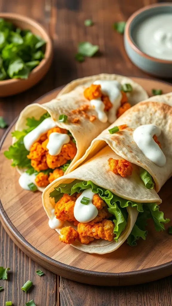 Two buffalo cauliflower wraps filled with lettuce and drizzled with sauce on a wooden plate.