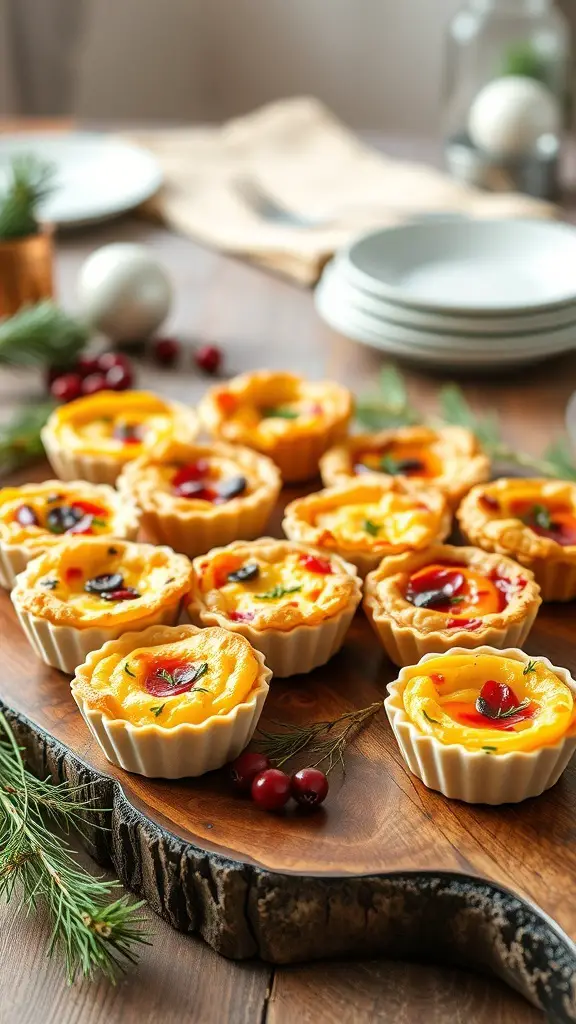 An assortment of mini quiches on a wooden platter, garnished with herbs and cranberries.