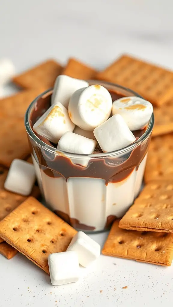 A cup filled with layers of chocolate, marshmallows, and graham crackers, surrounded by more graham crackers.
