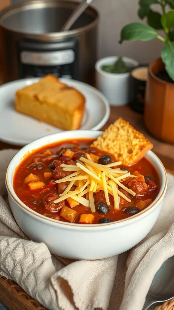 A bowl of chili with beans topped with cheese, served with a slice of cornbread on the side.