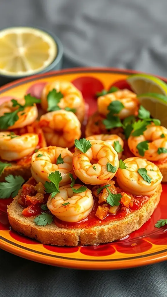 A plate of spicy shrimp bruschetta with cilantro and lemon slices