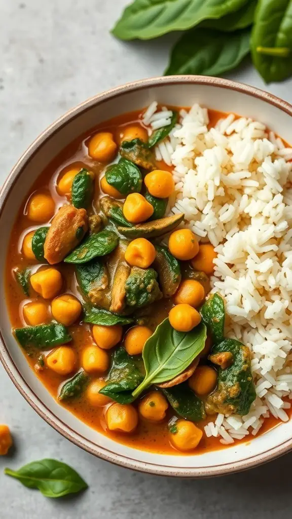 A bowl of chickpea and spinach curry served with rice, garnished with fresh spinach leaves.