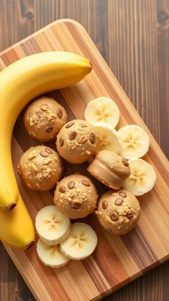 Peanut butter banana protein balls with sliced bananas on a wooden cutting board