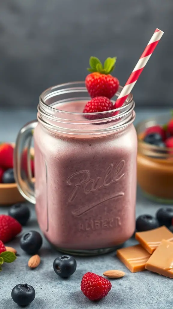 A smoothie made with berries and almond butter, garnished with fresh raspberries and a striped straw.