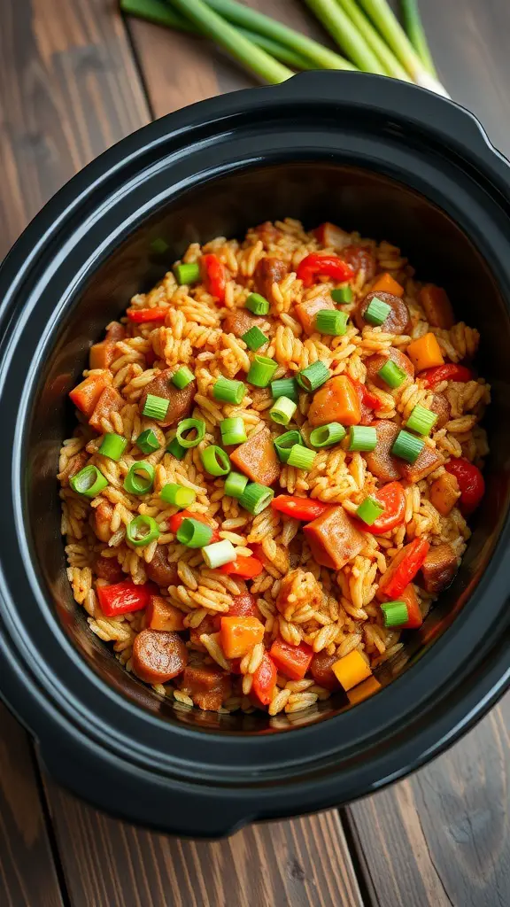 A close-up view of vegan jambalaya with rice and vegetables in a black crockpot, garnished with green onions.