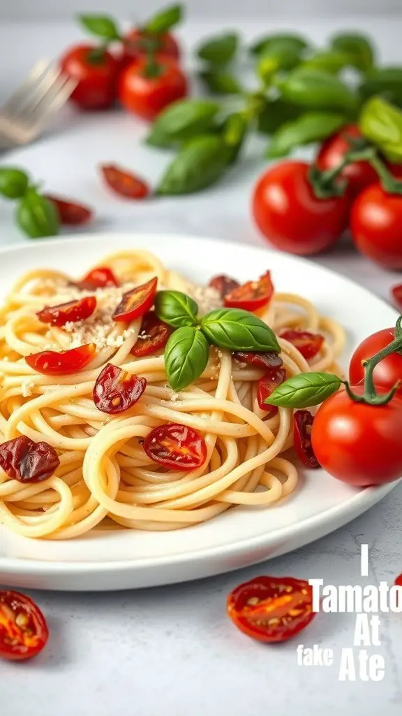 A plate of fettuccine alfredo topped with sun-dried tomatoes and fresh basil, with cherry tomatoes in the background.