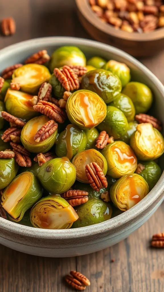 A bowl of maple glazed Brussels sprouts with pecans