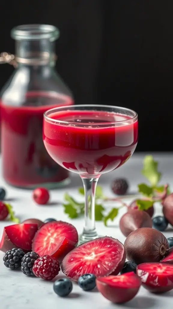 A glass of beetroot and berry juice surrounded by fresh beetroot slices and various berries.