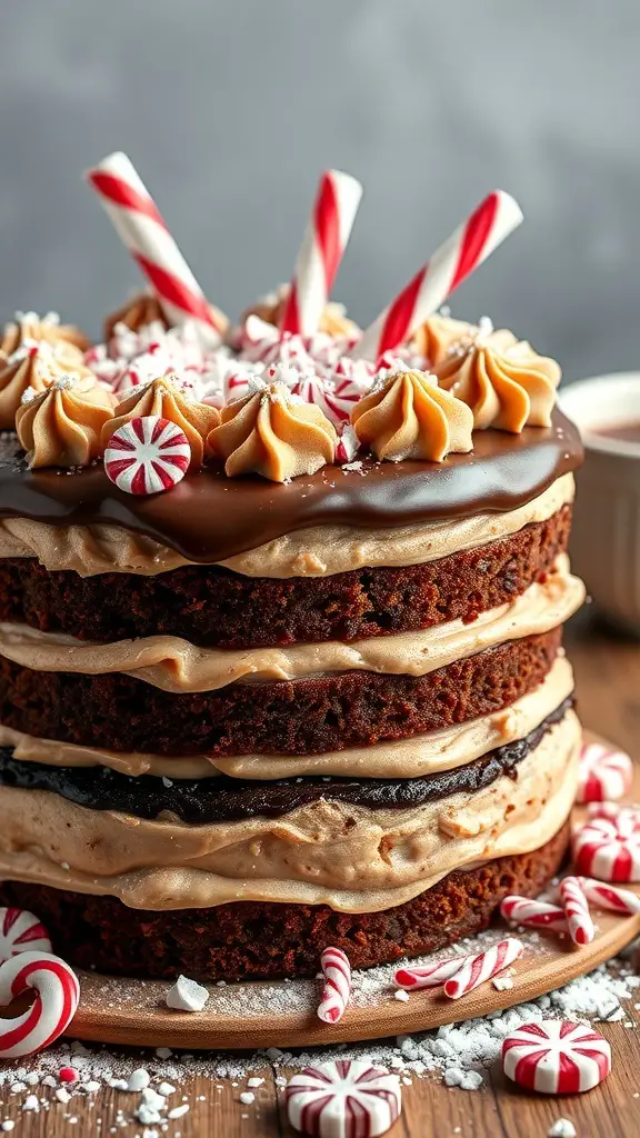 A beautifully decorated Peppermint Mocha Cake with layers of chocolate and coffee, topped with frosting, candy canes, and festive decorations.