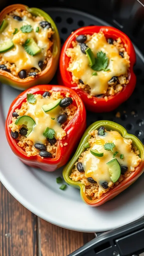 Stuffed bell peppers filled with rice, beans, and cheese, garnished with cilantro.