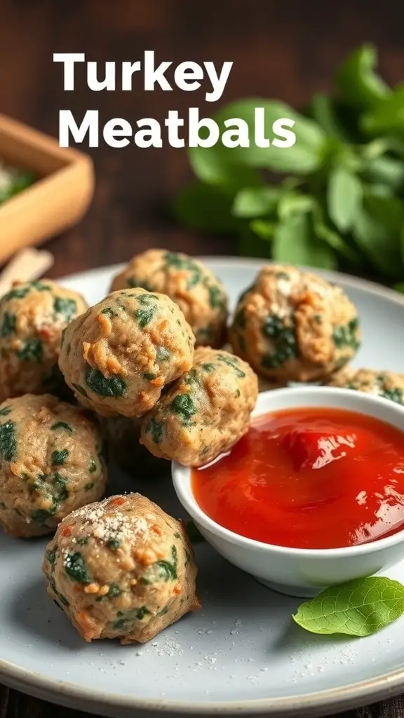 A plate of turkey meatballs with spinach and a side of ketchup.