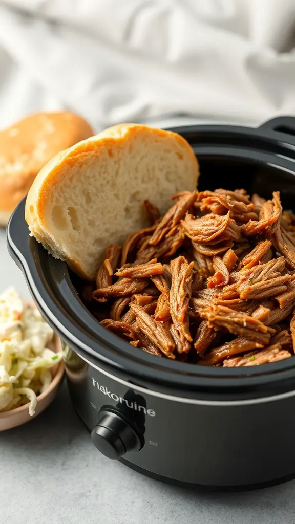 Mini crockpot with pulled pork and a sandwich bun