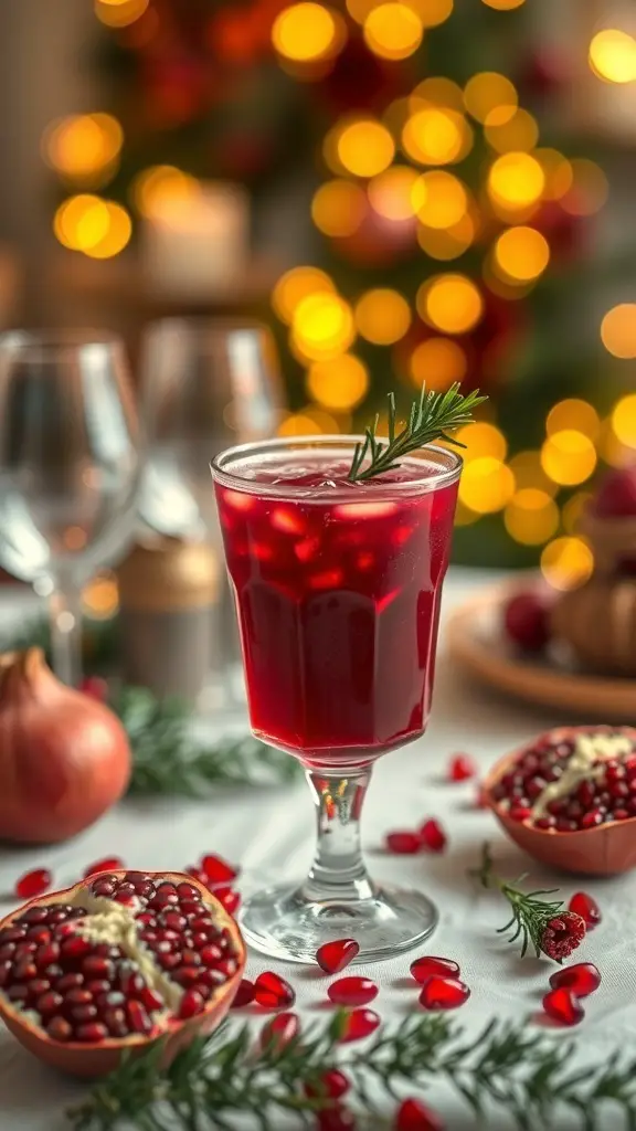 A glass of Sweet and Spicy Pomegranate Punch garnished with a sprig of rosemary, surrounded by pomegranates and festive decorations.