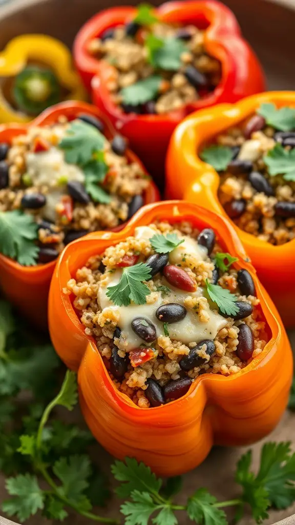 Colorful stuffed bell peppers filled with quinoa and black beans, garnished with cilantro.