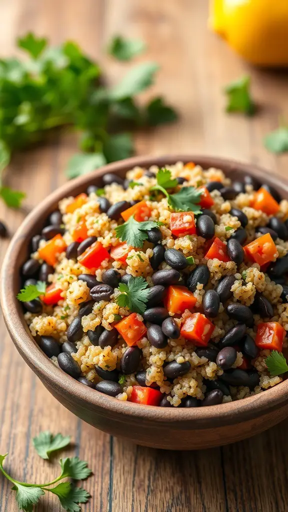 A bowl of quinoa and black bean salad with diced red peppers and cilantro on a wooden table.