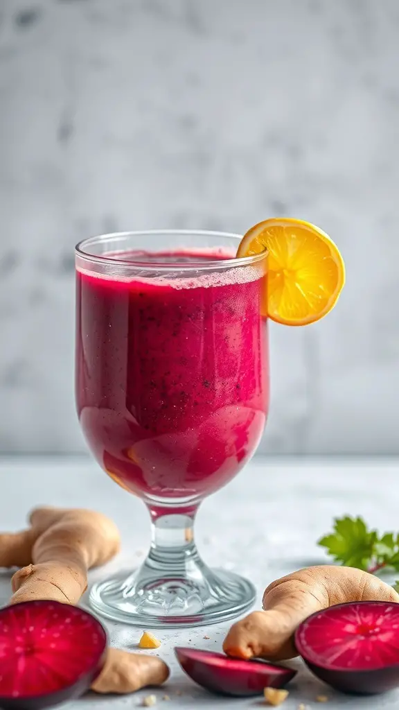 A vibrant beetroot and ginger smoothie in a glass, garnished with a lemon slice, surrounded by fresh ginger and beetroot.