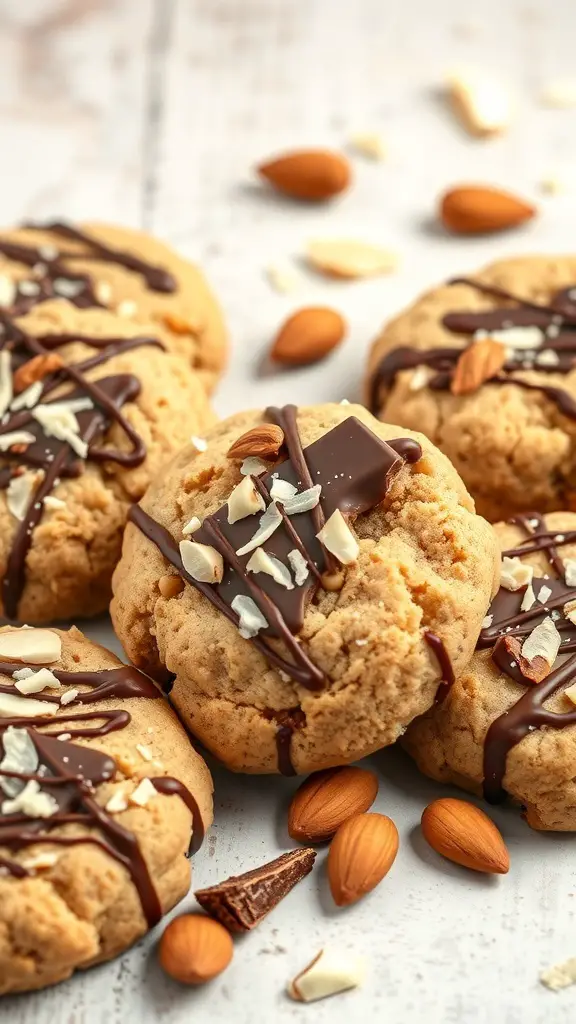 A close-up of Almond Joy inspired cookies topped with chocolate drizzle and almonds.