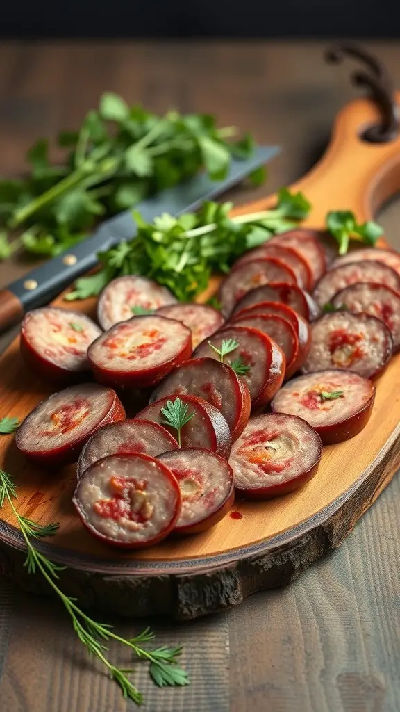 Sliced Toulouse sausage on a wooden board with fresh herbs