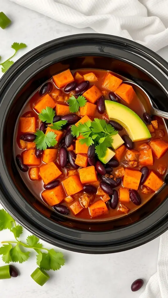 A bowl of Sweet Potato and Black Bean Chili with cilantro and avocado on top