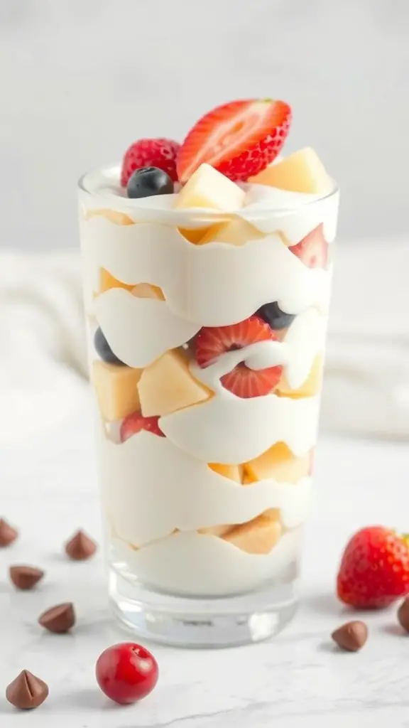 A glass of vanilla yogurt parfait layered with fruits and topped with strawberries.