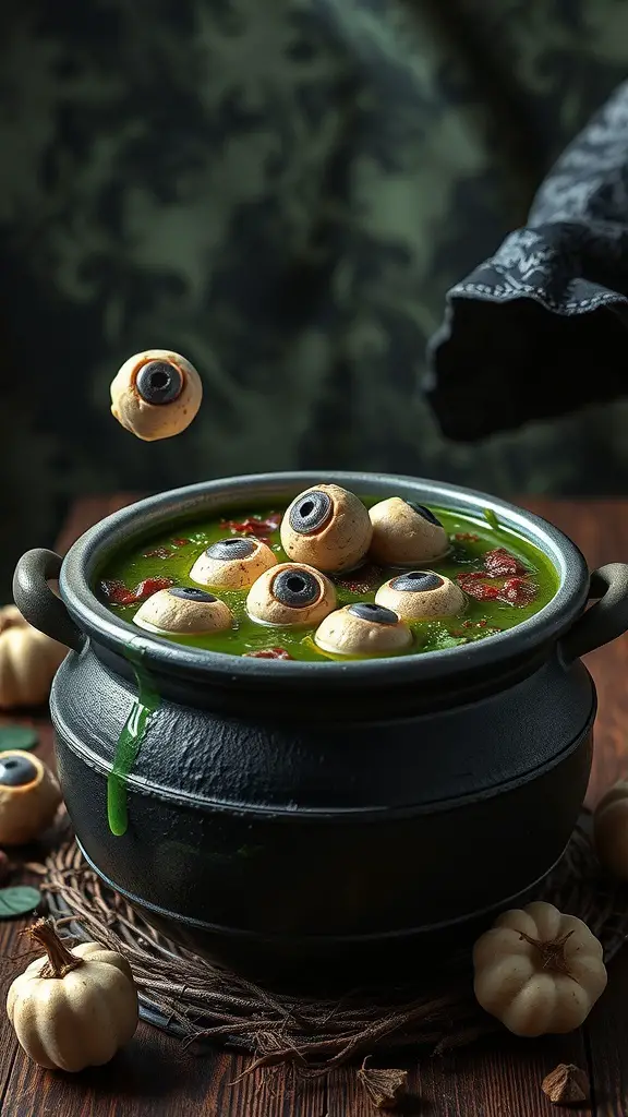 A cauldron filled with green soup topped with eyeball-shaped ingredients, surrounded by small pumpkins.