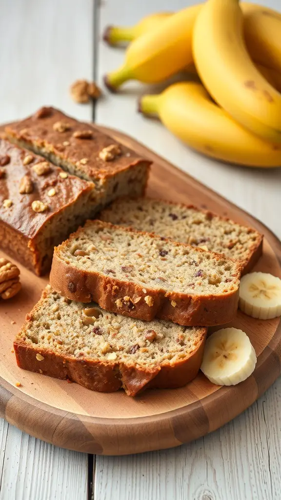 Sliced banana bread on a wooden platter with whole bananas in the background