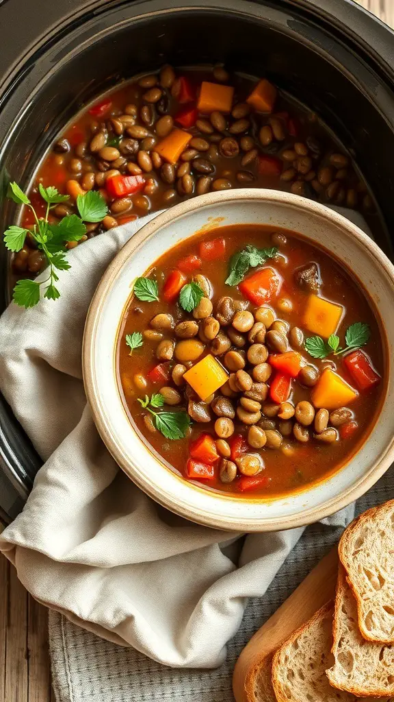 A bowl of lentil and vegetable stew with colorful vegetables and herbs, served with slices of bread.