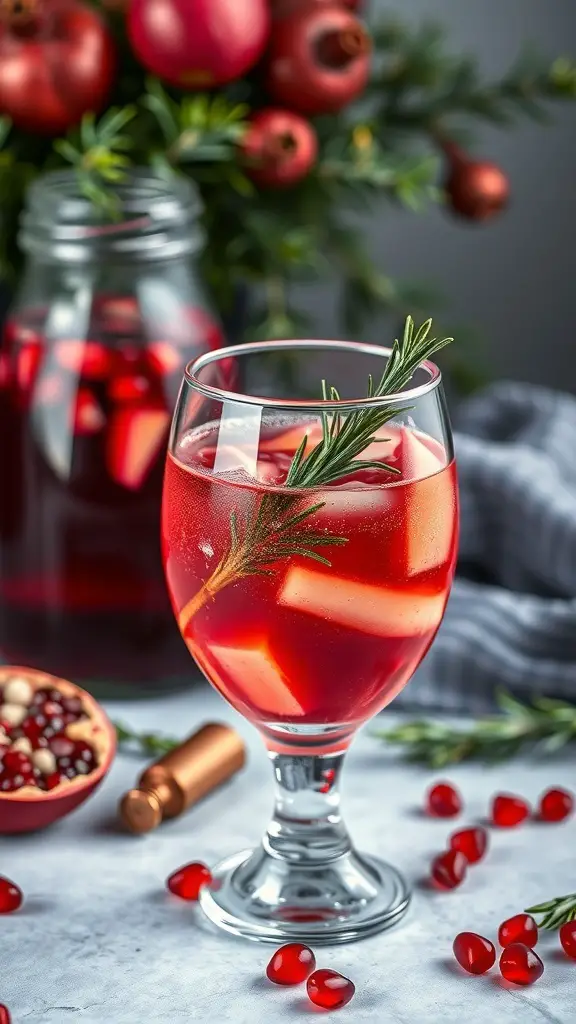 A glass of Pomegranate and Rosemary Sangria garnished with rosemary, with a jar of sangria and pomegranate seeds in the background.