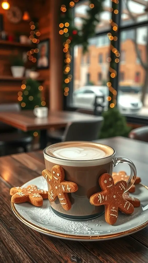 A cozy café scene featuring a gingerbread latte with gingerbread cookies on a wooden table, decorated with holiday lights.
