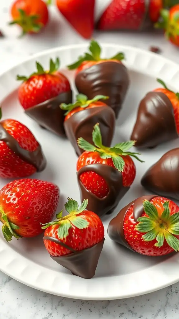 A plate of chocolate dipped strawberries, some fully coated in chocolate and others partially dipped, with fresh strawberries in the background.