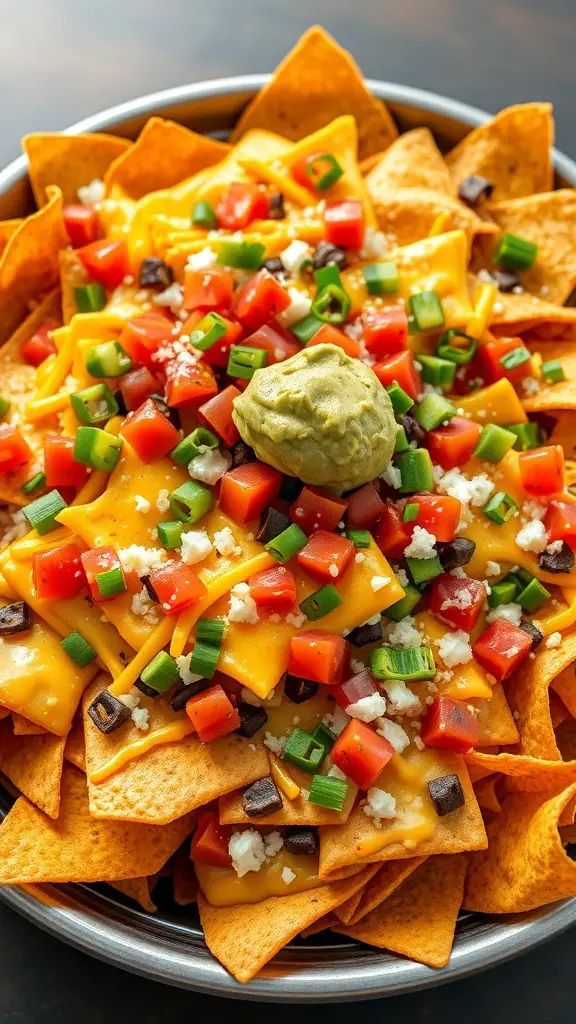 A plate of loaded nachos topped with cheese, tomatoes, green onions, and guacamole.