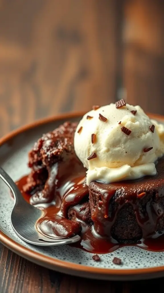 A warm chocolate lava cake topped with ice cream and chocolate shavings on a plate.