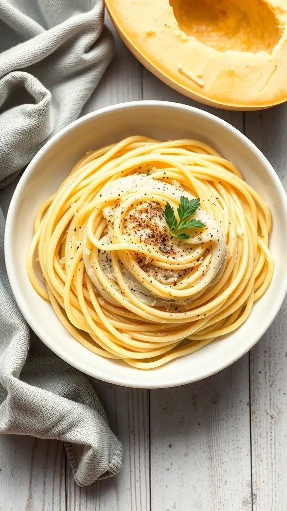 A bowl of spaghetti squash topped with creamy Alfredo sauce and garnished with parsley.