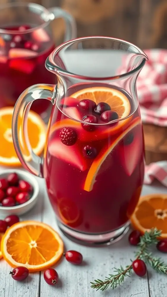 A pitcher of cranberry citrus winter sangria with orange slices and cranberries