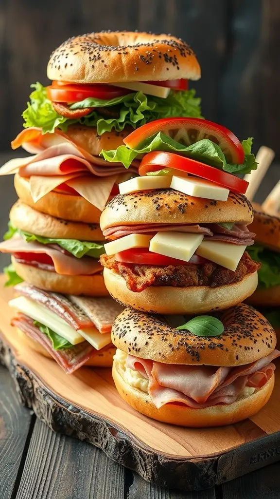 A stack of gourmet bagel sandwiches with layers of meats, cheeses, and fresh vegetables.