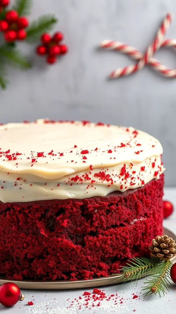 A beautifully decorated red velvet cake with cream cheese frosting, surrounded by festive decorations.