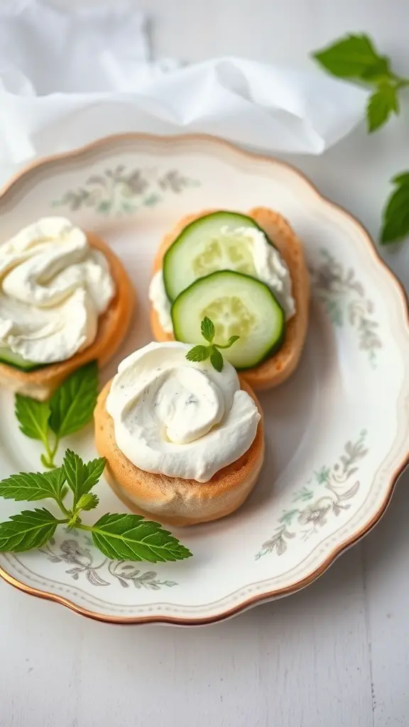 Cucumber sandwiches with herb cream cheese on a decorative plate