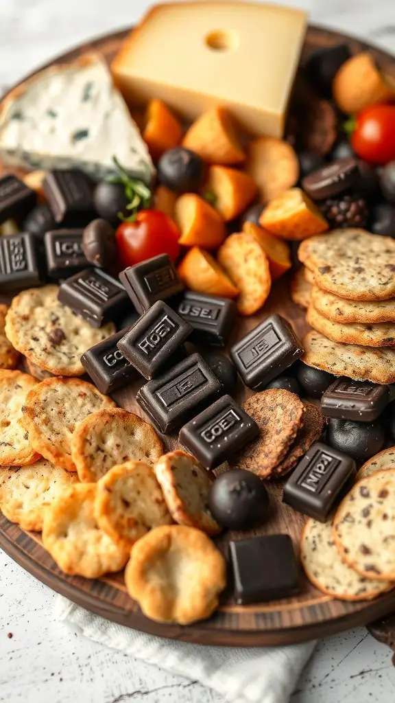 A chocolate charcuterie board featuring various chocolates, cheeses, fruits, and crackers.