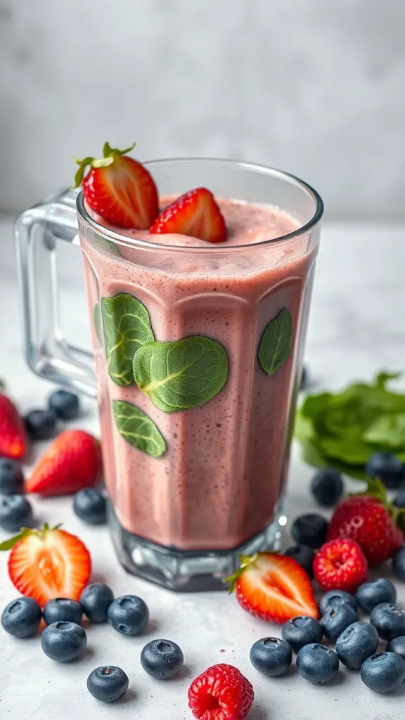 A glass of Berry Spinach Power Blend smoothie with strawberries and blueberries