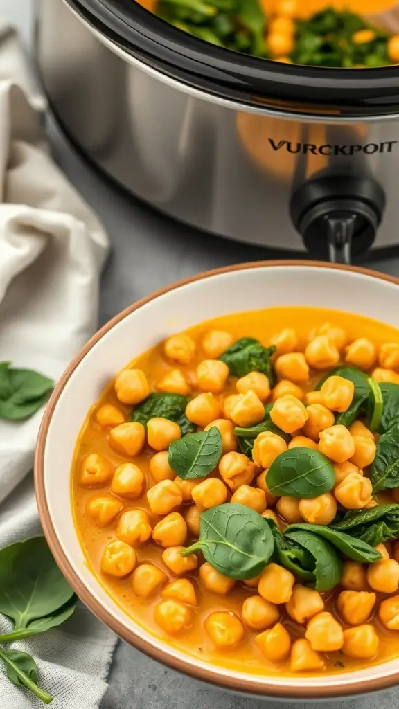 A bowl of Coconut Curry Chickpeas with Spinach, featuring chickpeas in a creamy orange sauce topped with fresh spinach leaves.