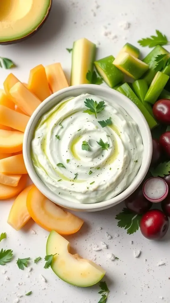 A bowl of creamy avocado yogurt dip surrounded by fresh vegetables and fruits.