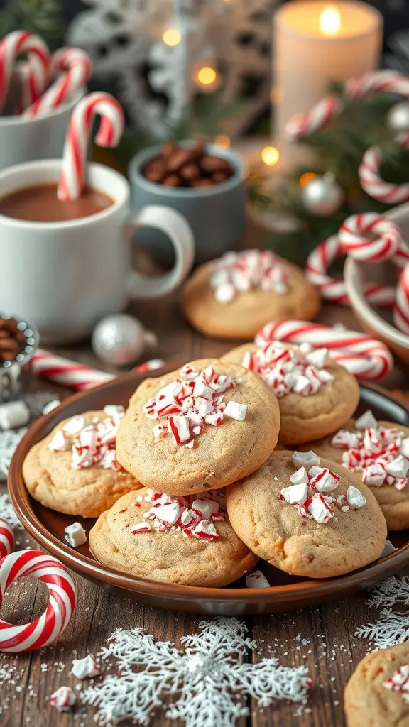 A plate of Peppermint Mocha Cookies topped with crushed peppermint, surrounded by candy canes and a cup of hot chocolate.