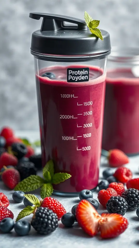 A protein shake made with mixed berries, displayed in a shaker cup with fresh berries around it.