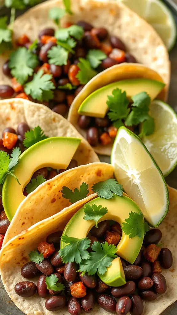 Three spicy black bean tacos with avocado, cilantro, and lime slices