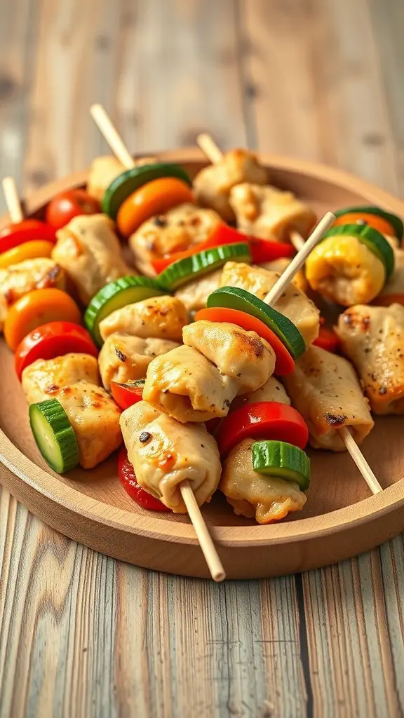 Mini chicken and veggie skewers on a wooden platter