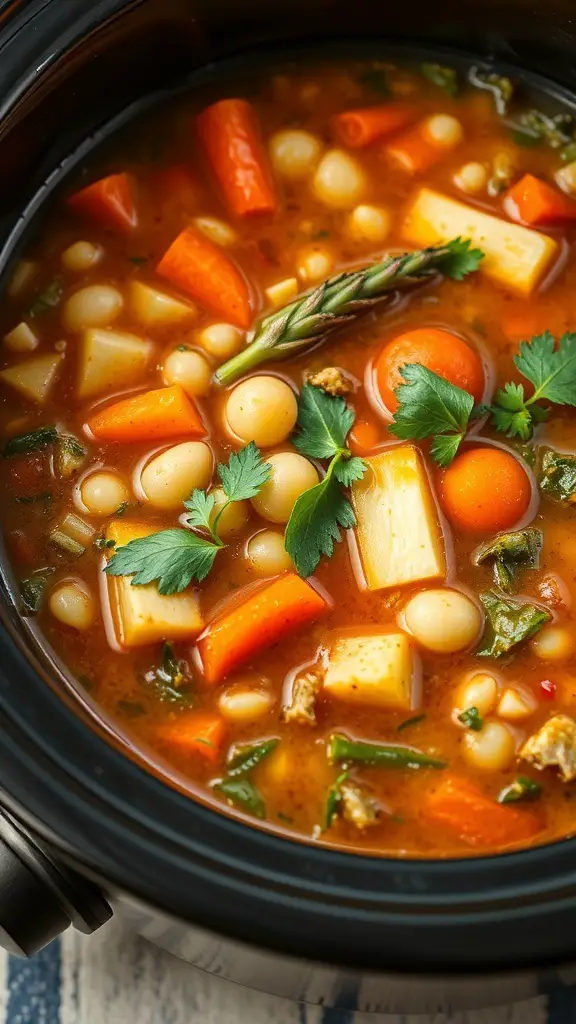 A bowl of chunky vegetable minestrone with carrots, potatoes, and green beans in a rich broth.