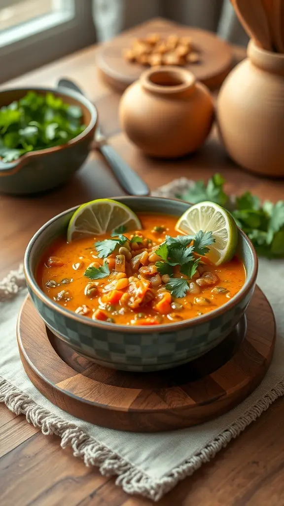A bowl of Coconut Curry Lentil Soup garnished with lime and cilantro, surrounded by fresh ingredients.