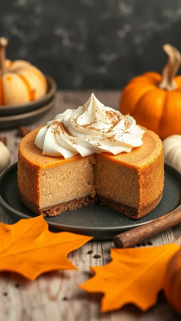 A slice of pumpkin spice cheesecake topped with whipped cream and surrounded by pumpkins and autumn leaves.