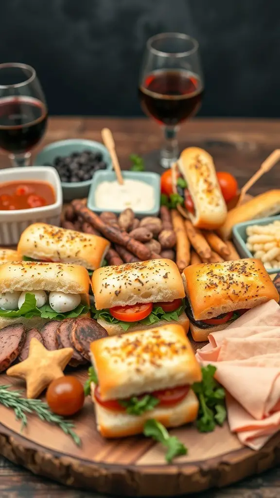 A beautifully arranged sandwich charcuterie board featuring various mini sandwiches, snacks, and drinks.